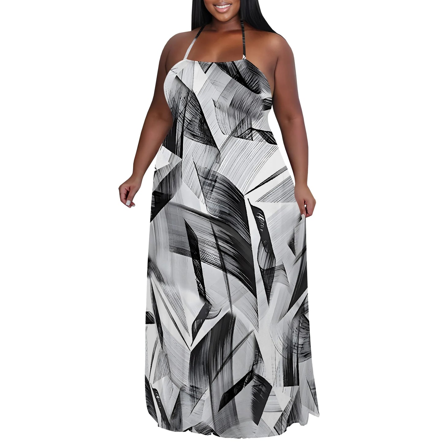 Maxy Plus Size Women's Casual Long-sleeved Dress for Women Sexy 3D Printed halterneck dress Loose Plus Size Dress