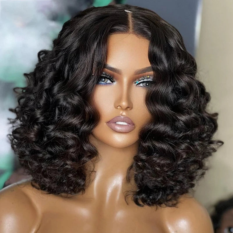 Amay Soft Glueless 180Density Short Cut Bob Natural Black Curly Deep Wave Lace Front Wig For Women With Baby Hair Preplucked Daily