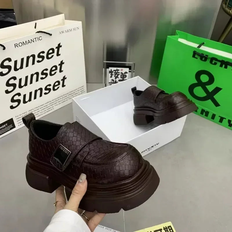 Maxy New Square Head British Small Leather Shoes Children's Fashion Trend Red Thick Sole Elevated Single Shoes