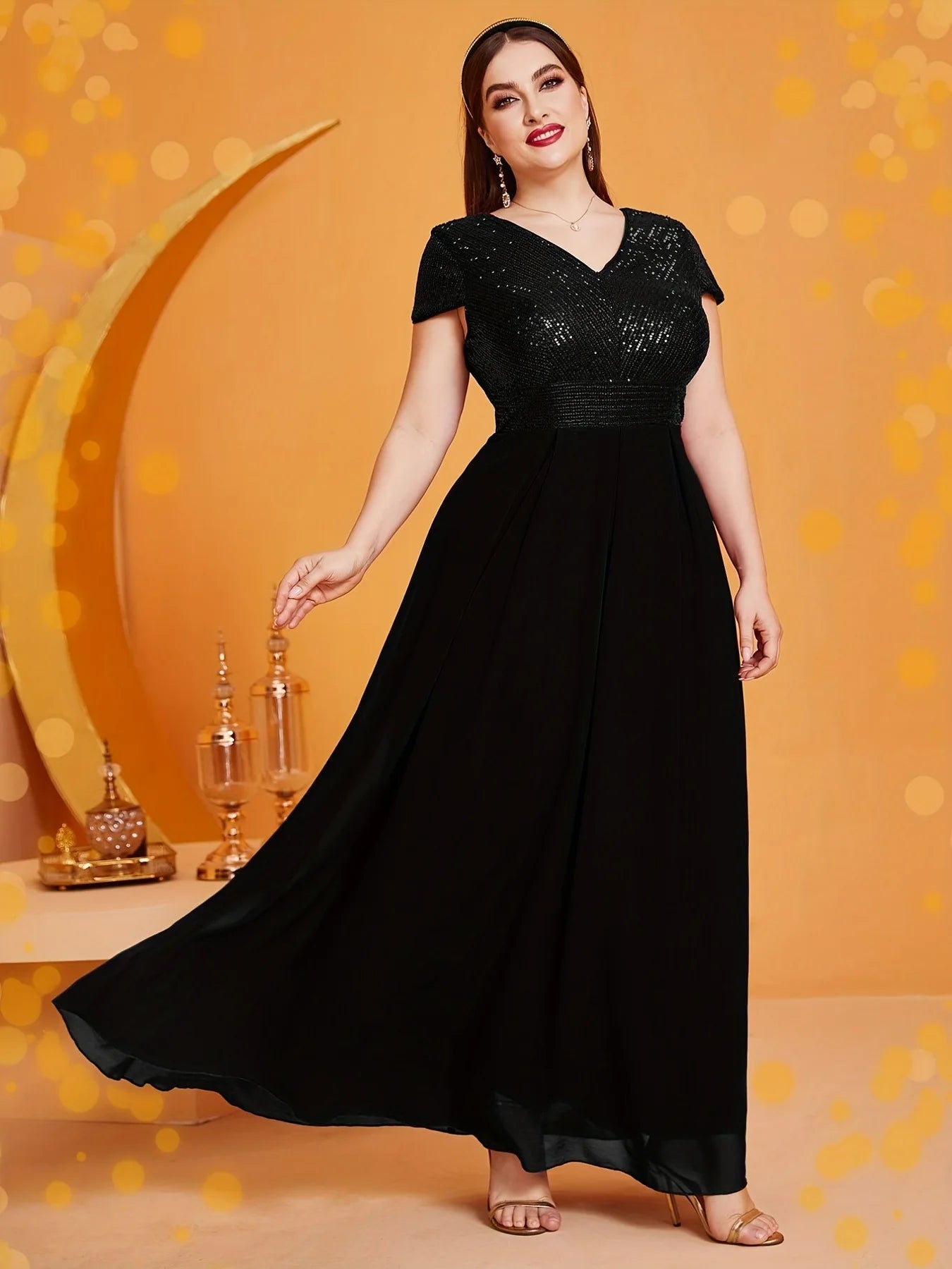 Women Plus Size Party Dresses 2024 New Fashion V-neck Short-sleeved Sequin Dress Fashion Temperament Elegant Evening Dresses