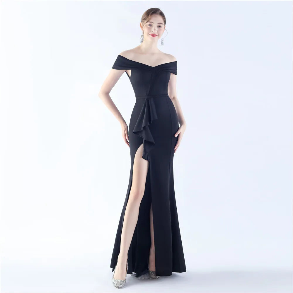 Maxy Evening Dresses Navy Blue Stretchy Off the Shoulder Ruffles Zipper Back Mermaid Slit Floor Length Women Party Formal Gowns YE038