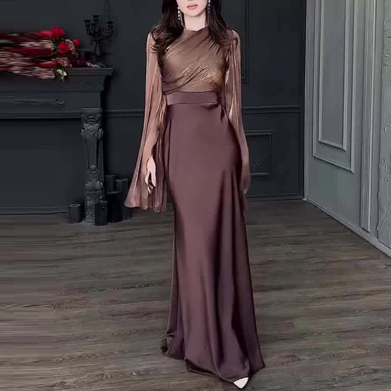 Maxy Vintage High Waisted Women Satin Long Dress New Ladies Temperament Crew Collar Dresses Elegant Slim Long Sleeve Banquet Dresses