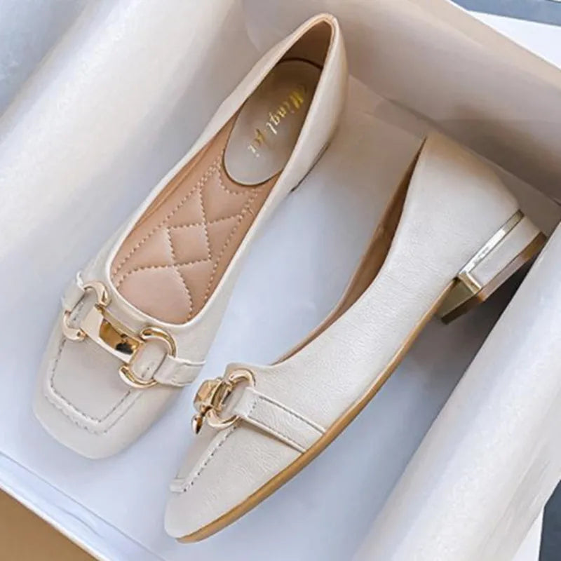 Amay New Women Med Heel Square Toe Pumps Office Lady Shoes Big Gold Metal Chain Soft Soles Slip on Leahter Shoes