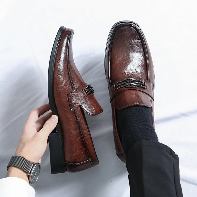 Amay Italian High-end Leather Slip-on Shoes Mens Business Dress Round Head British Slip-On Formal Casual Loafer Oxford Shoes Wedding