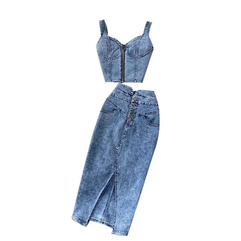 Maxy denim 2 piece set women Korean outfits summer top and skirt two piece set Sexy elegant 2024 fashion midi skirt new in matching