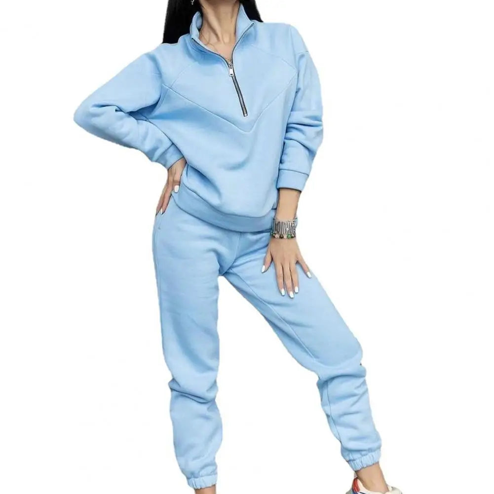 Maxy 2 Pcs/Set Fall Sweatshirt Pants Set Loose Warm Stand Collar Elastic Waist Lady Autumn Tracksuit for Daily Wear