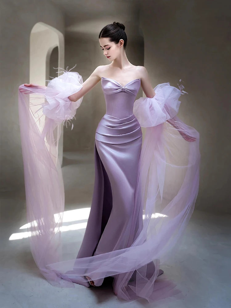 Elegant Purple Satin Evening Gown for Women New 2026 Strapless Wedding Dress Bridal Party Celebration Long Floor Length Dress