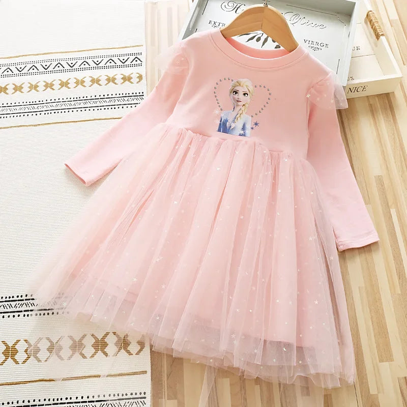 Maxy Disney Elsa Princess Dress Girl Dress Up Spring Autumn Long-sleeve Clothes Kids Gauzed Children Frozen Elsa Birthday Party Dress