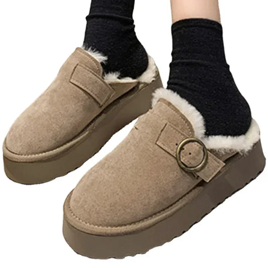 Maxy Women Thicken Plush Fur Slippers Winter Slip on Chunky Platform Loafers Mules Woman Thick Bottom Cotton Slippers Flip Flops