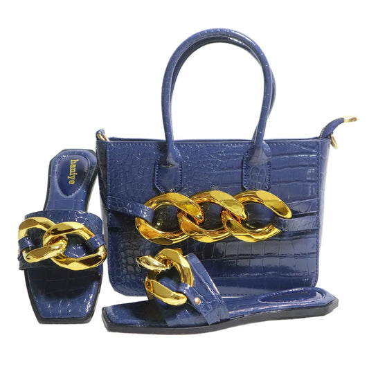 Maxy Big Metal Chain Decoration PU Handbags Matching Square Toe Flats Slippers Stone Pattern Shoes And Bag Set