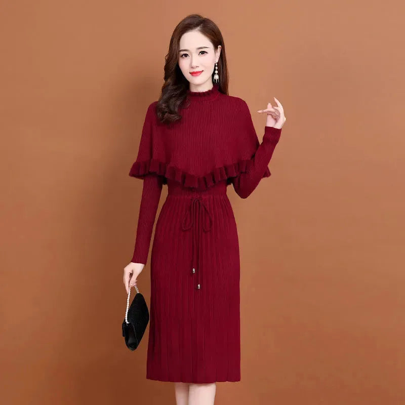 Maxy New Fashion Autumn Winter Women Long Sweater Dress Pullovers Warm Knitted Pullover Dresses + Sweaters Vest Two Pieces Set
