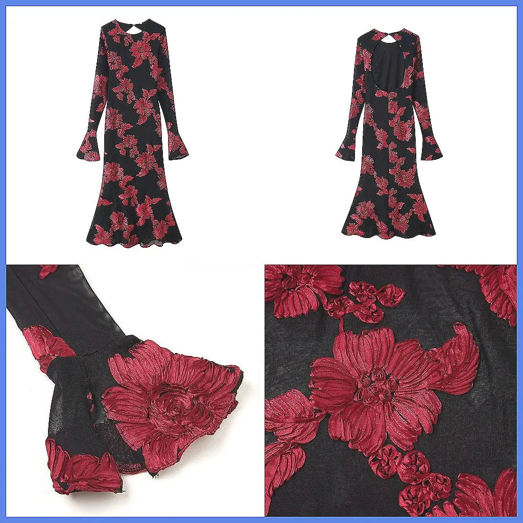 Elegant Backless Jacquard Evening Dress Long Sleeve Women's Party Gown