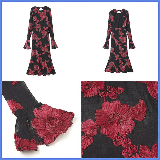 Maxy Elegant Backless Jacquard Evening Dress Long Sleeve Women's Party Gown