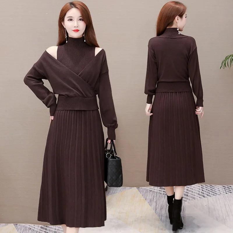 Maxy Elegant Half Turtleneck Sweater Dress 2 Piece Set Sleeveless Winter Vest + Midi Knitted Dresses Suit Large Size Women Outfits