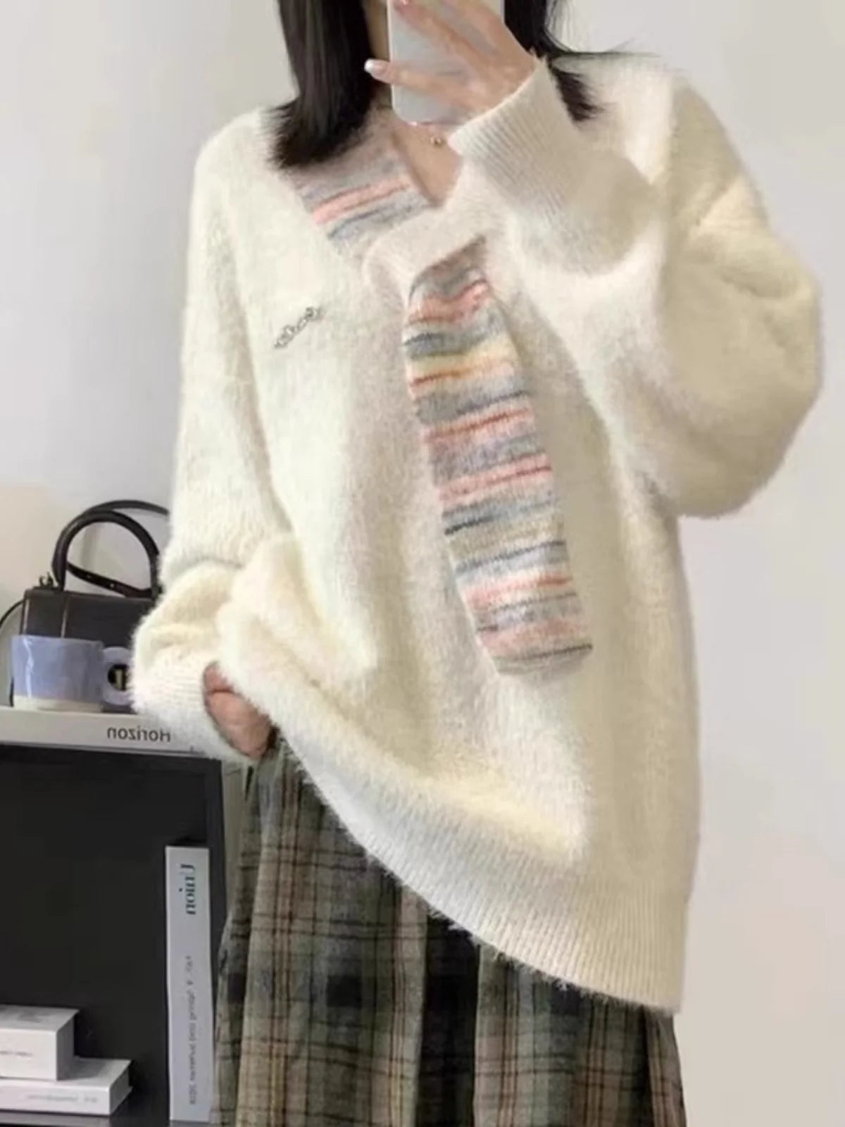 Maxy Style Pullover Sweater Casual Scarf Patchwork Knitted Sweaters Women Autumn Winter Imitating Mink V-neck Pull Femme