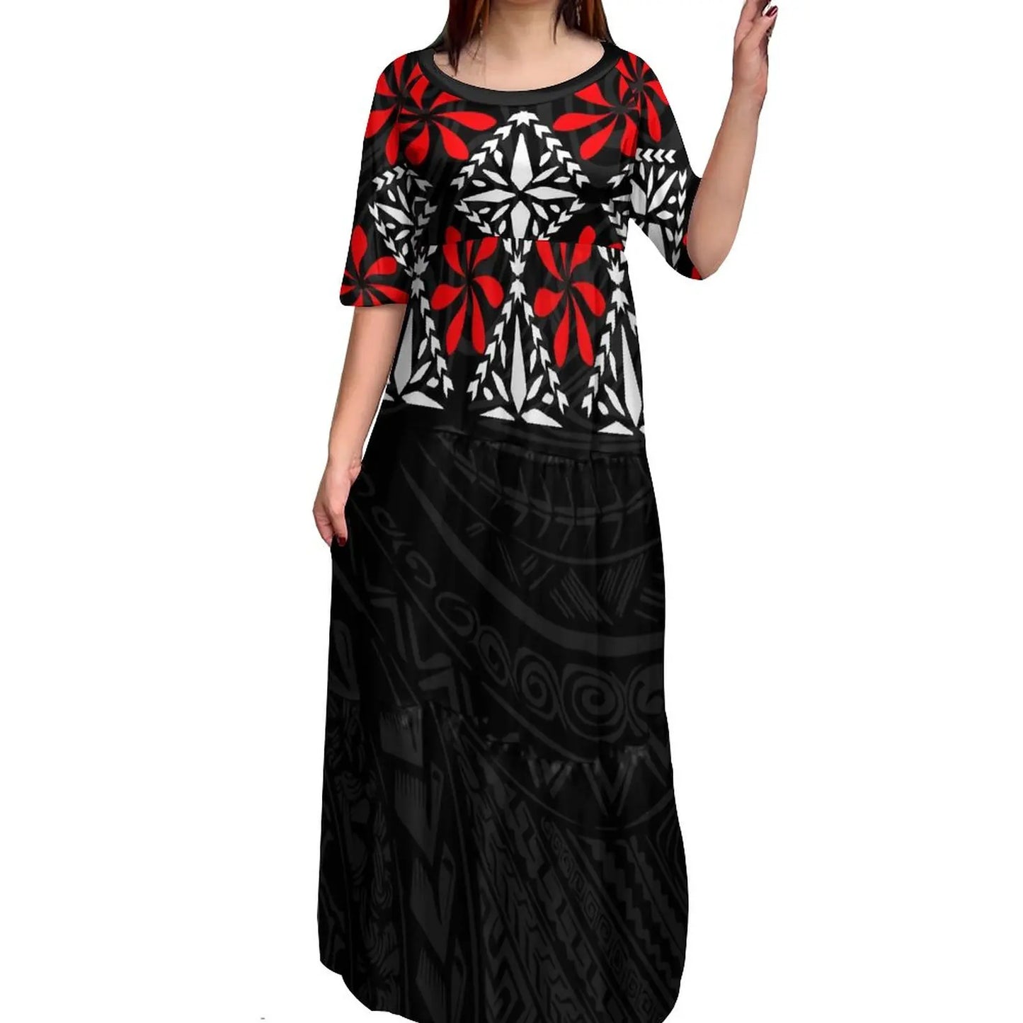 Maxy Customize Printed Logo Oem Dress Brown Polynesian Tribal Tattoo Dresses Ladies Flare Sleeve Round Neck Casual Mini Bodycon Dress