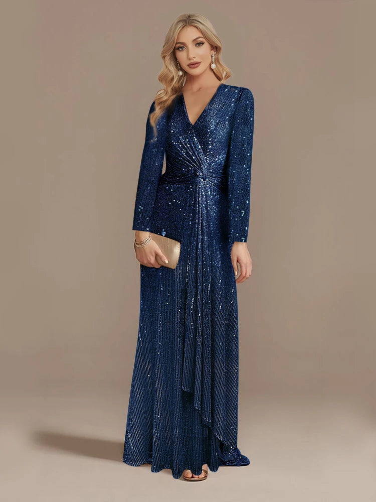 Maxy Luxury Long Sleeve V-Neck Evening Dress Wedding Party Sequins For Women Female Guests Red Prom Cocktail Dresses