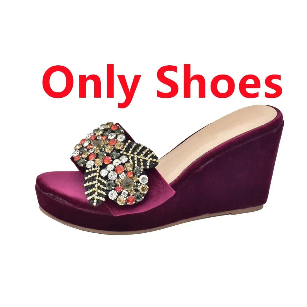 Maxy Latest Design Shoe and Bags Set Wedges Shoes for Women Wedding Shoes Bride Rhinestone Italy Women Party Pumps with Purse