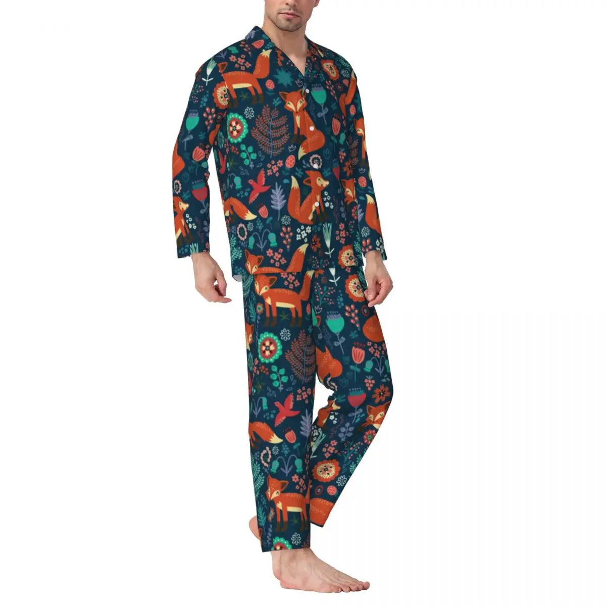 Maxy Cute Fox Print Pajama Sets Funny Christmas Kawaii Sleepwear Man Long Sleeve Loose Leisure 2 Pieces Nightwear Big Size XL 2XL