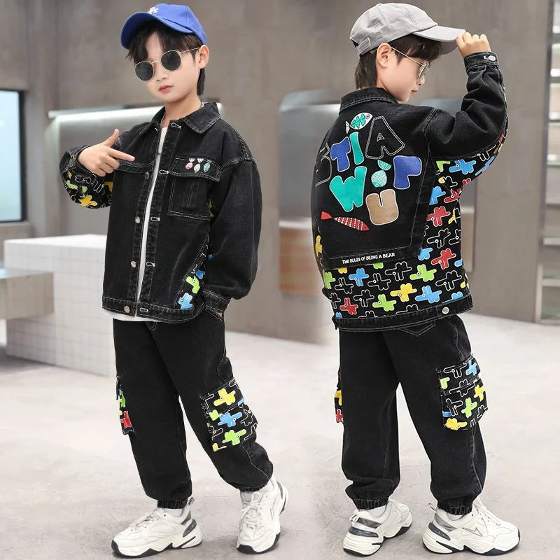 Maxy Boys Coat +Pants Kids Suits 2PCS/Set Cotton Cool Jean Spring Autumn Cotton Jogging Suit Teenagers Children Clothing