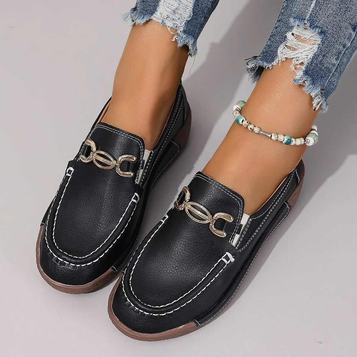 Women's Casual Shoes 2025 Spring and Autumn New Metal Decorative Round Toe Shallow Shoes Fashion Slip-on Thick Sole Loafers 43