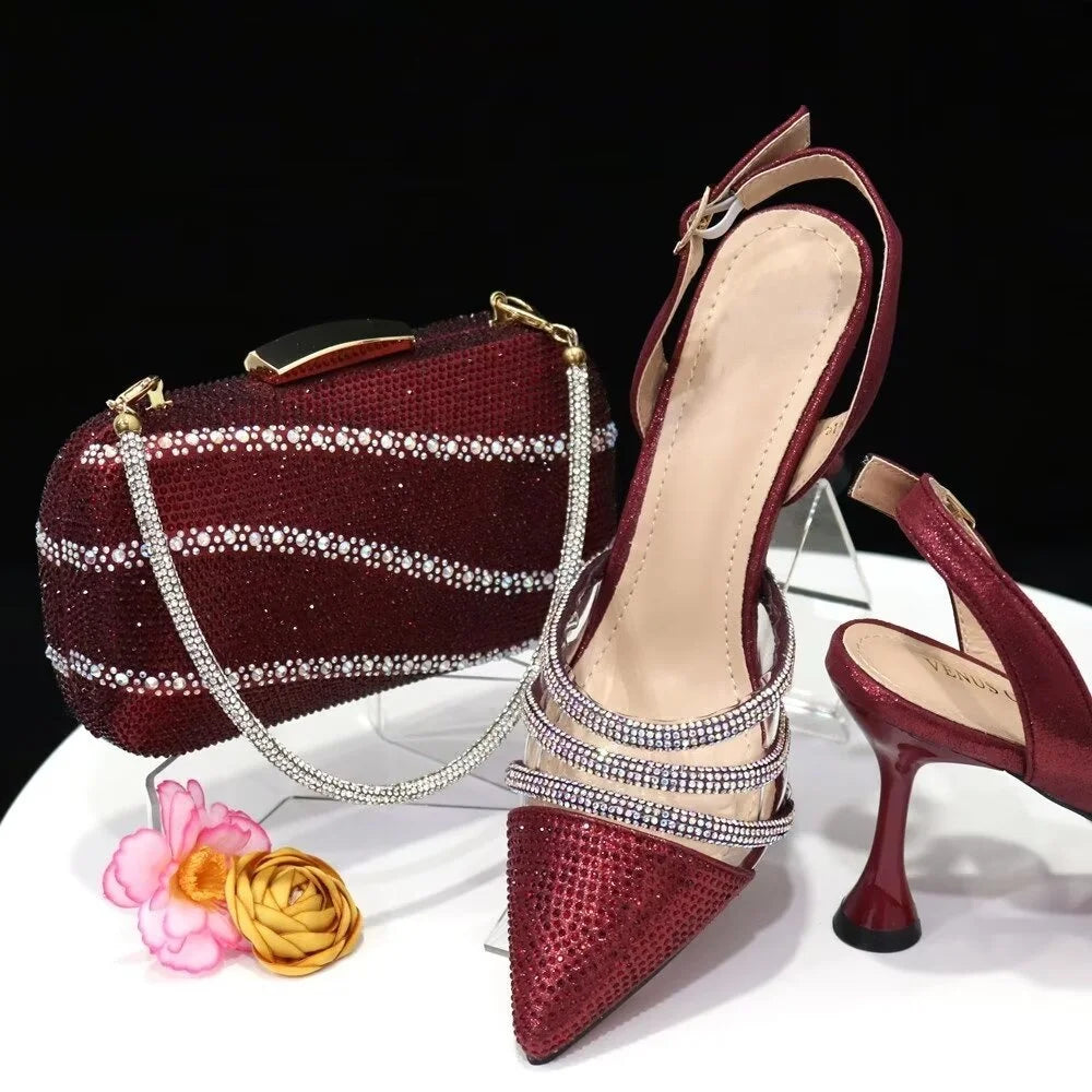 Maxy Summer Elegant Ladies Sandals Shoes and Bag Set Italian Rhinestone High Heels Shoes with Bags Nigerian Women Party Shoes