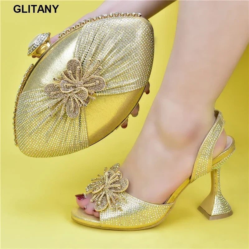 Maxy New Arrival Italian Shoes with Matching Bags Set Decorated with Rhinestone Women Summer Shoes African Wedding Shoe and Bags