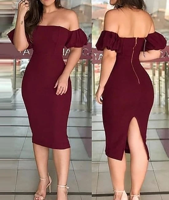 Maxy Dresses for Women 2024 Summer Wine Red One Shoulder Bubble Sleeve Tight Fitting Dress Backless Zipper Design Elegant Party Dress