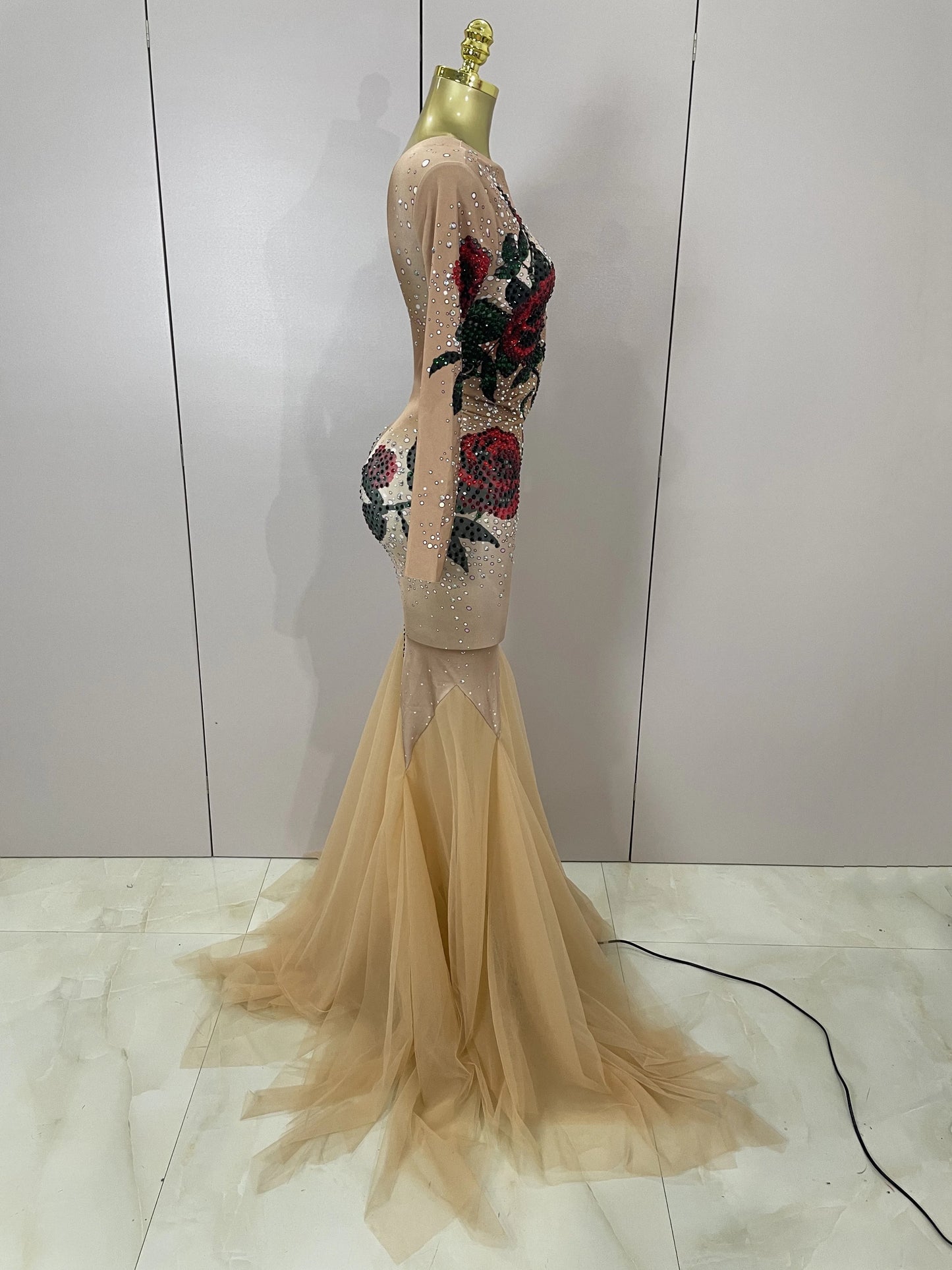 Maxy Sexy Shiny Rhinestone Rose Floral Floor-Length Dress Evening Women Eveing Celebrate Birthday Party Nightclub Performance Costume