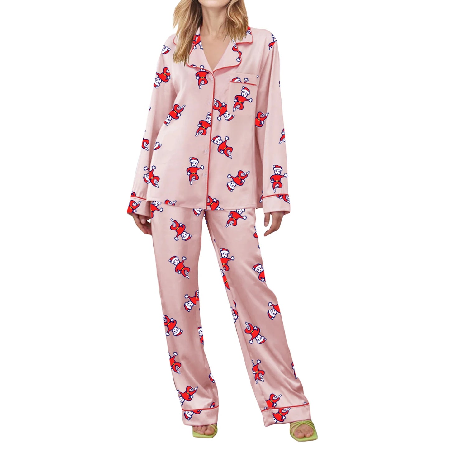 Women's Christmas Loungewear Set Snowman Print Long Sleeve Lapel Button Shirt with Long Pants Sleepwear