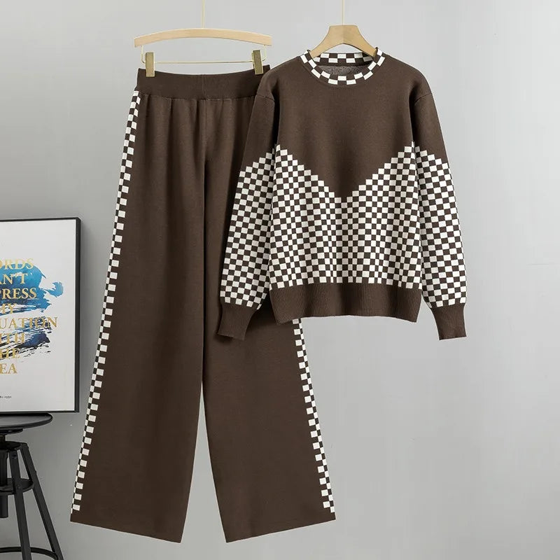 Maxy Women Pullovers Pant Set Casual Elastic Sweater Suits Color Contrast Knitted Loose Elegance Long Sleeve Tops Autumn Winter