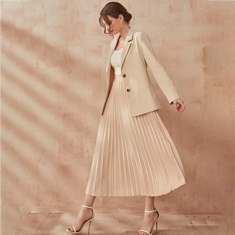 Maxy Women's 2024 Autumn Fashion Casual Professional Style Suit Coat Strap Pleated Skirt Set Blazer Dress