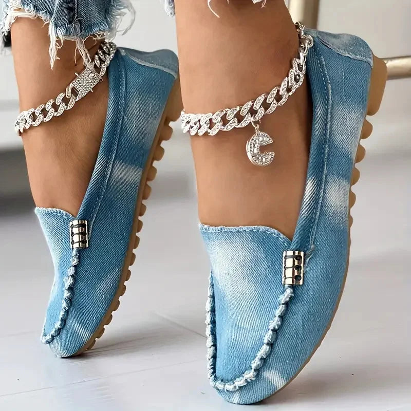 Maxy New Women Casual Flat Shoes Spring and Autumn Flat Loafers Shoes Fashion Non-slip Soft Round-toe Denim Flat Sneakers Women