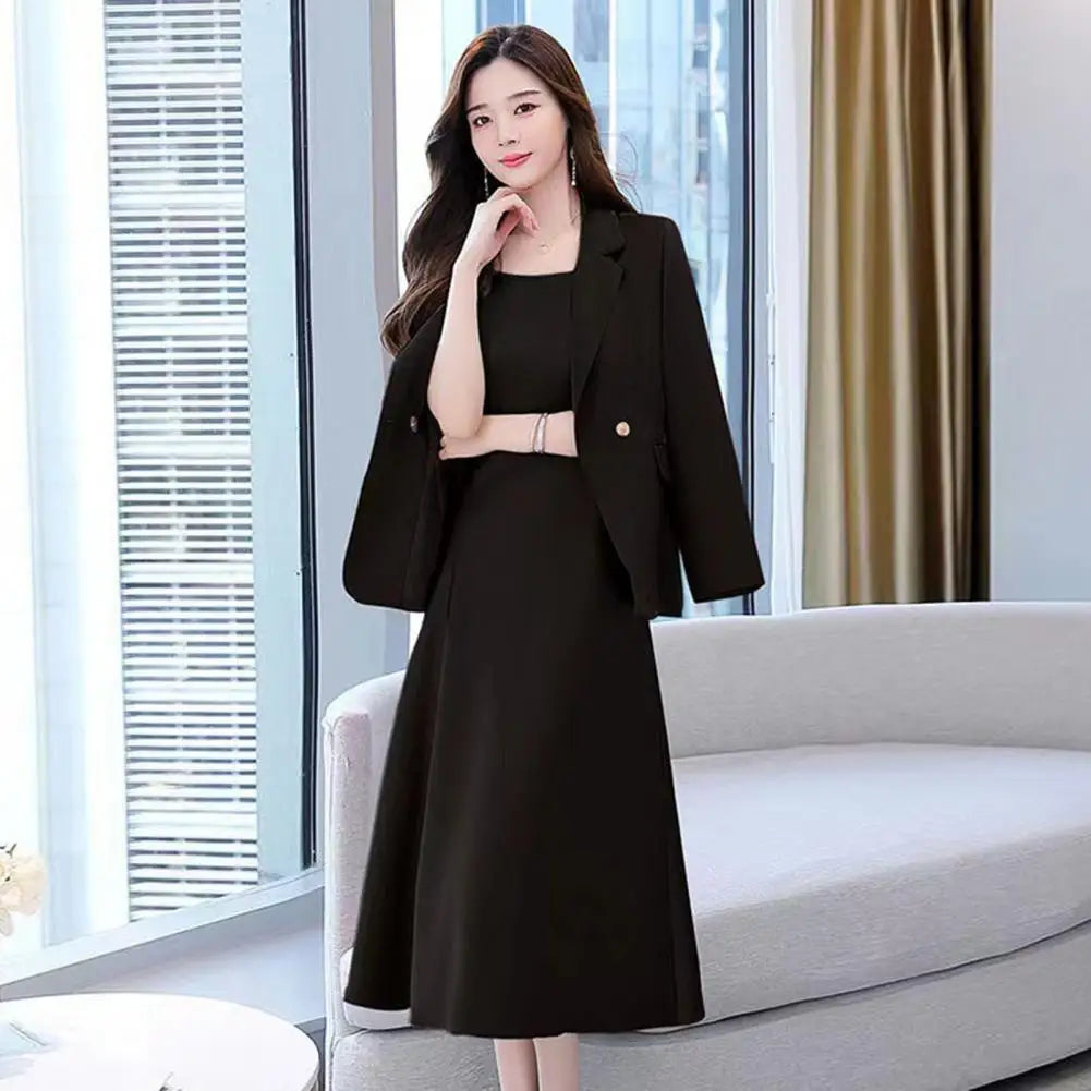 Maxy Women's Office Suit Fashion Blazer suit Simple Solid Color Spring Summer Half Sleeve Top + Dress 2 Piece Set Blazer