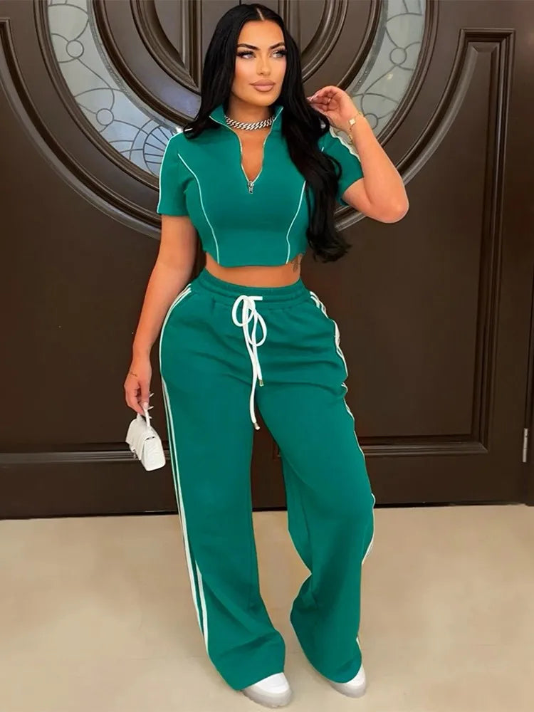 Maxy Fashion Casual Short Hoodie 2 Piece Women Summer Zipper Top Short Sleeved Sports T Shirt Stripe Splicing Long Pants Female Suit