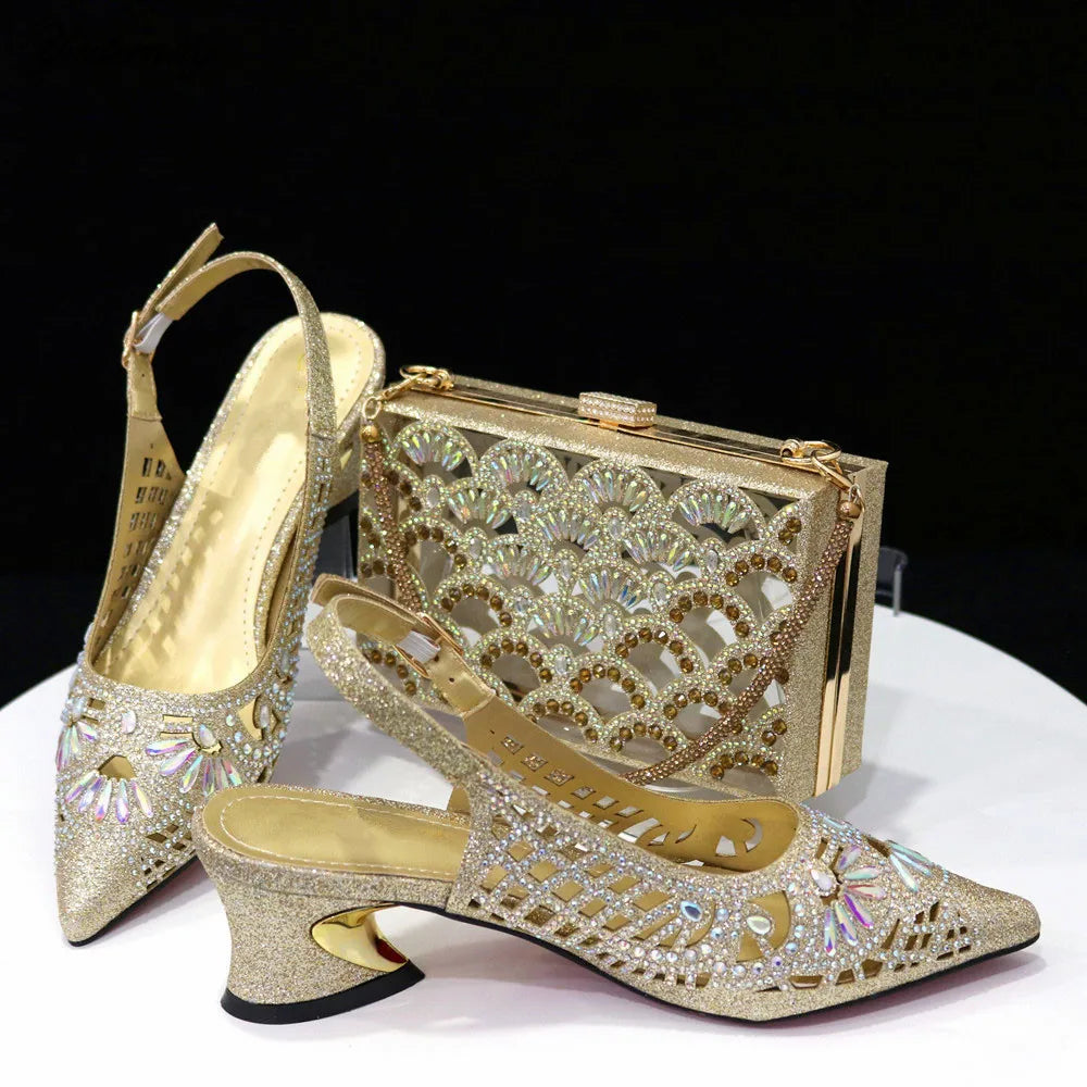 Maxy New Arrival African Pumps Shoes and Bag to Match Set Italian Summer Decorated With Rhinestone Ladies Shoes With Party Bag Set