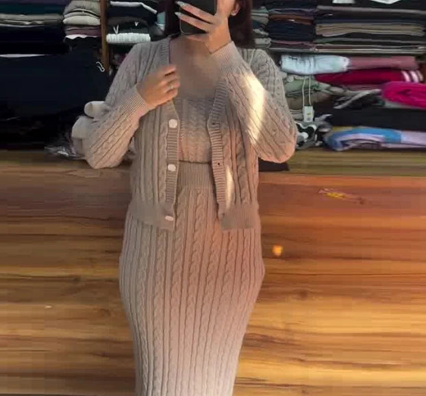 Maxy Elegant Two Pieces Set for Women Outfits Autumn Winter Solid Color Knit V-Neck Cardigan Coat+Slim Fit High Waist Sweater Dress