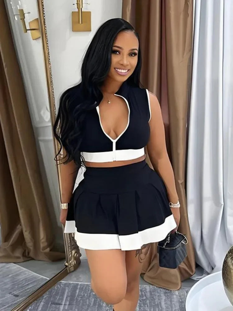Maxy Leosox Women Sporty 2 Piece Sets Patchwork Zip-Up Vest+Pleated Skirt Matched Tracksuits Holiday Street Beach Outfits S-XXL