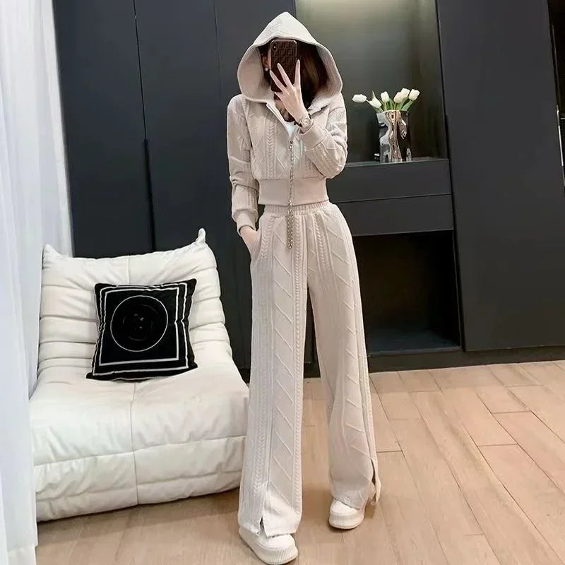 Maxy Pant Sets for Women 2 Pieces Autumn Winter Hooded Sweatshirt Tracksuit Trousers Woman Sport Wide Leg Korea Stylish Tailor Co Ord