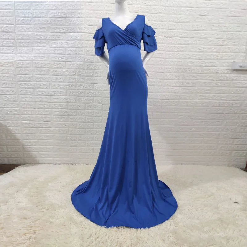 Maxy Maternity Long Dress Ruffles Off Shoulder Stretchy Sleeveless Pregnancy Dresses Slim Fitted Gown Photography Dress