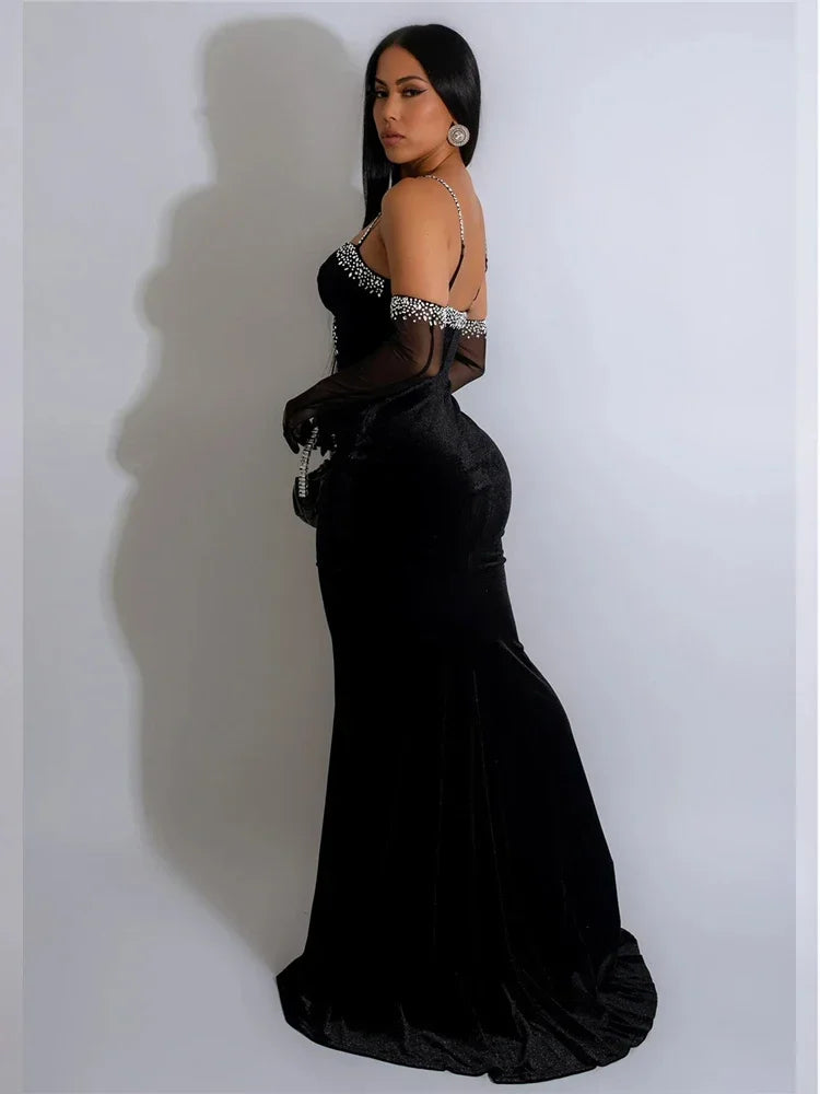 Maxy Dress Luxury Woman Evening Dress Sparkle Heartbeat Velvet Diamonds Maxy Dress Gown Celebrities Outfits With Rhinestones Glove