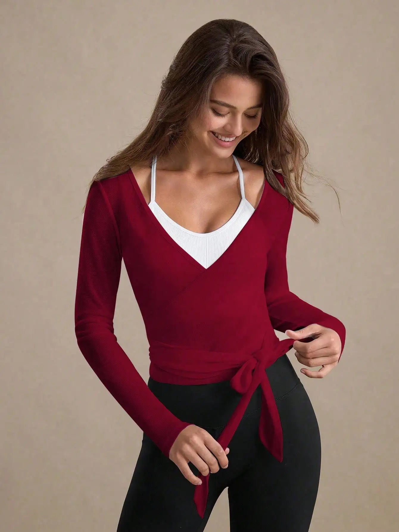 Maxy Women's Long Sleeve Wrap Crop Top With Tie-Up Detail Casual Sporty