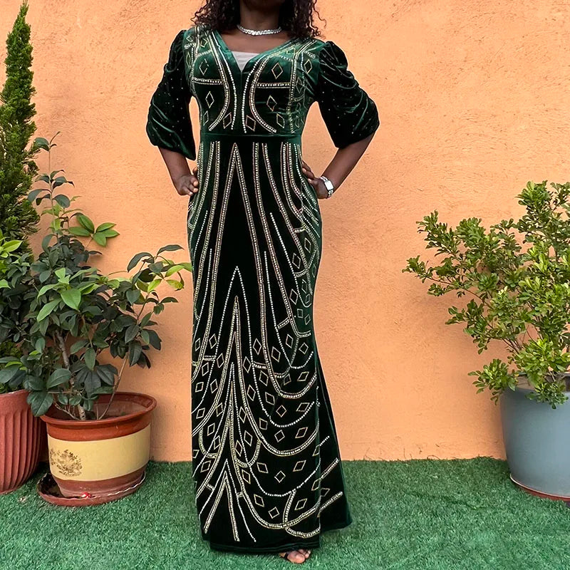 Amay Luxury Diamond Beaded Velvet Formal Party Long Dresses Elegant Women V Neck Lantarn Sleeve Solid Prom Gowns Clothing