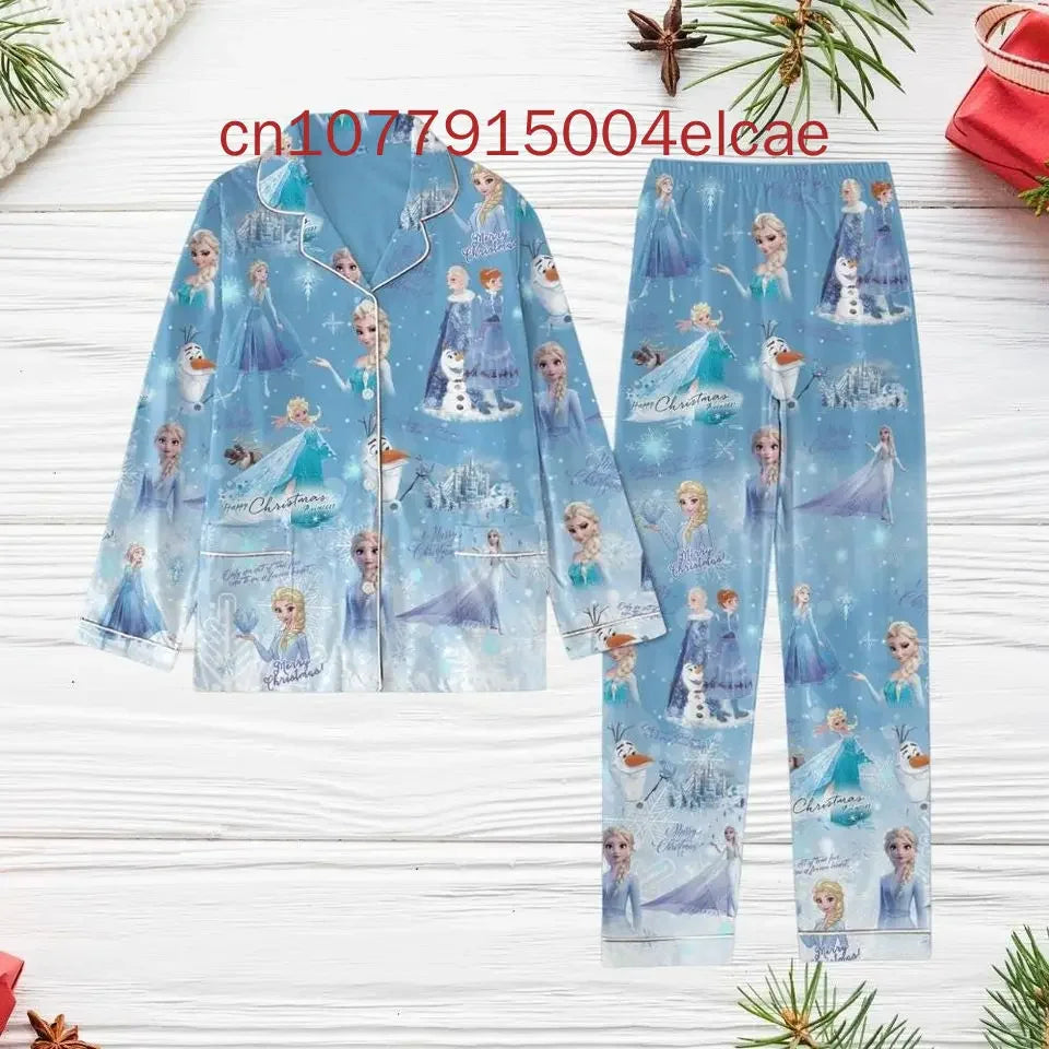 Maxy Disney Frozen Elsa Christmas Max Pajamas Set New Fashionable and Casual Men's and Women's Long-Sleeved Shirts and Pajamas Set