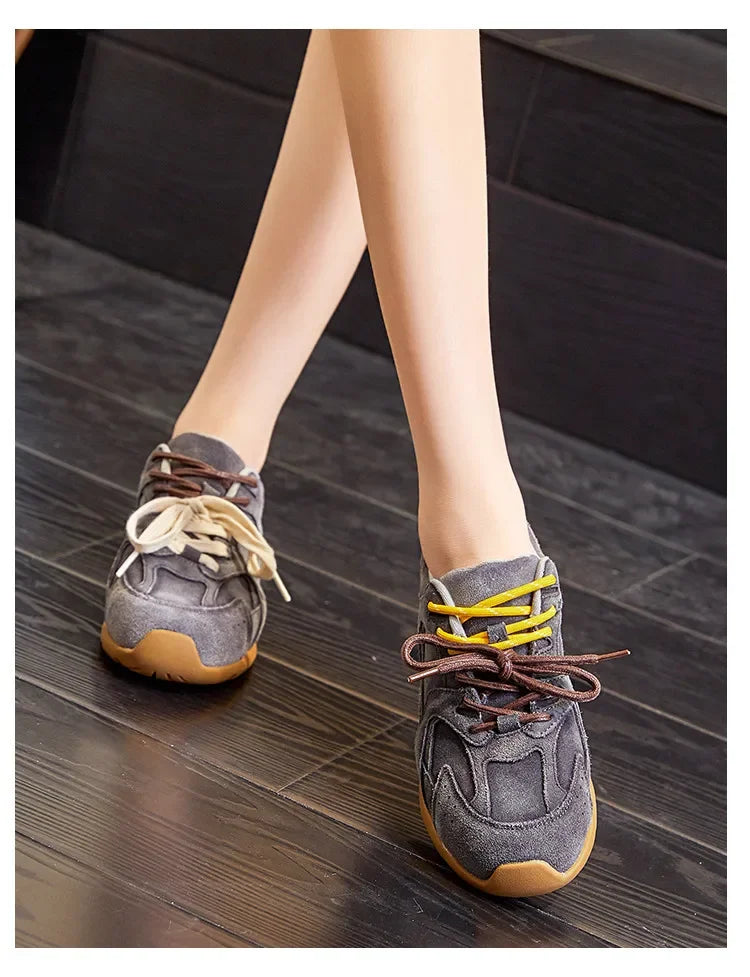Maxy Autumn Women Genuine Leather Casual Sport Shoes Girl Flat Shoes Comfortable Lace-up Sneaker