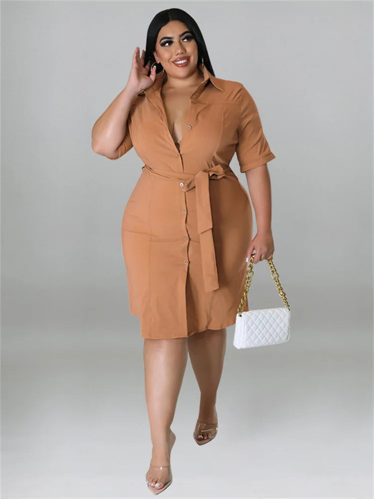 Wmstar Plus Size Dresses for Women 4xl 5xl Short Sleeve Casual Midi Dress with Belt New Style Office Lady Wholesale Dropshipping