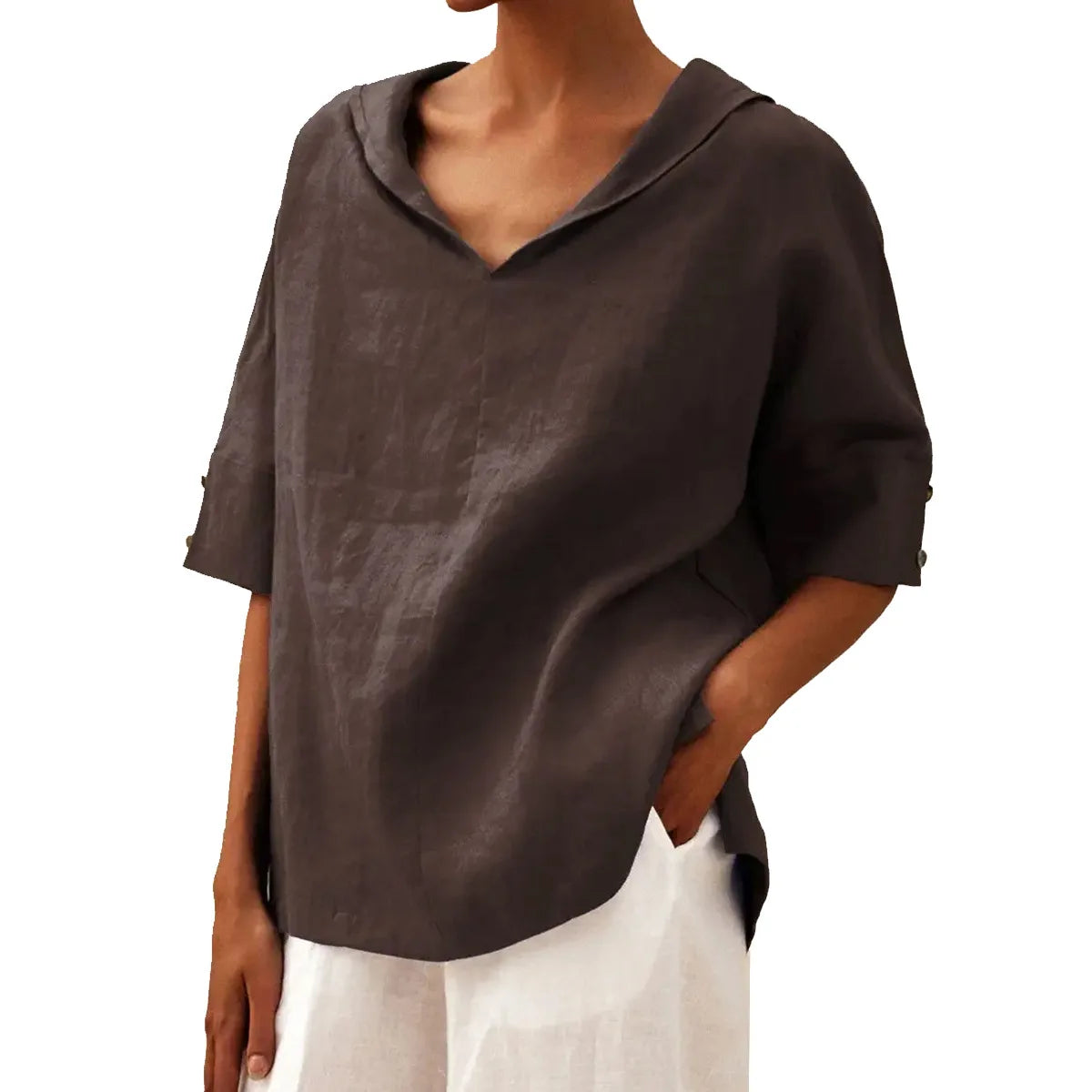 Maxy Women's Loose V-Neck Cotton Linen Shirt, Casual Elegant Summer Blouse Office Wear
