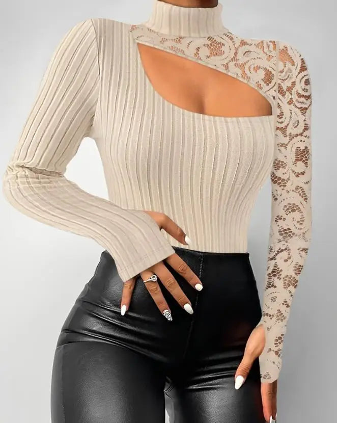 Amay Hollow Lace Patch Standing Collar Ribbed Top Casual New Fashion 2023 Best-Selling Women's Long Sleeves