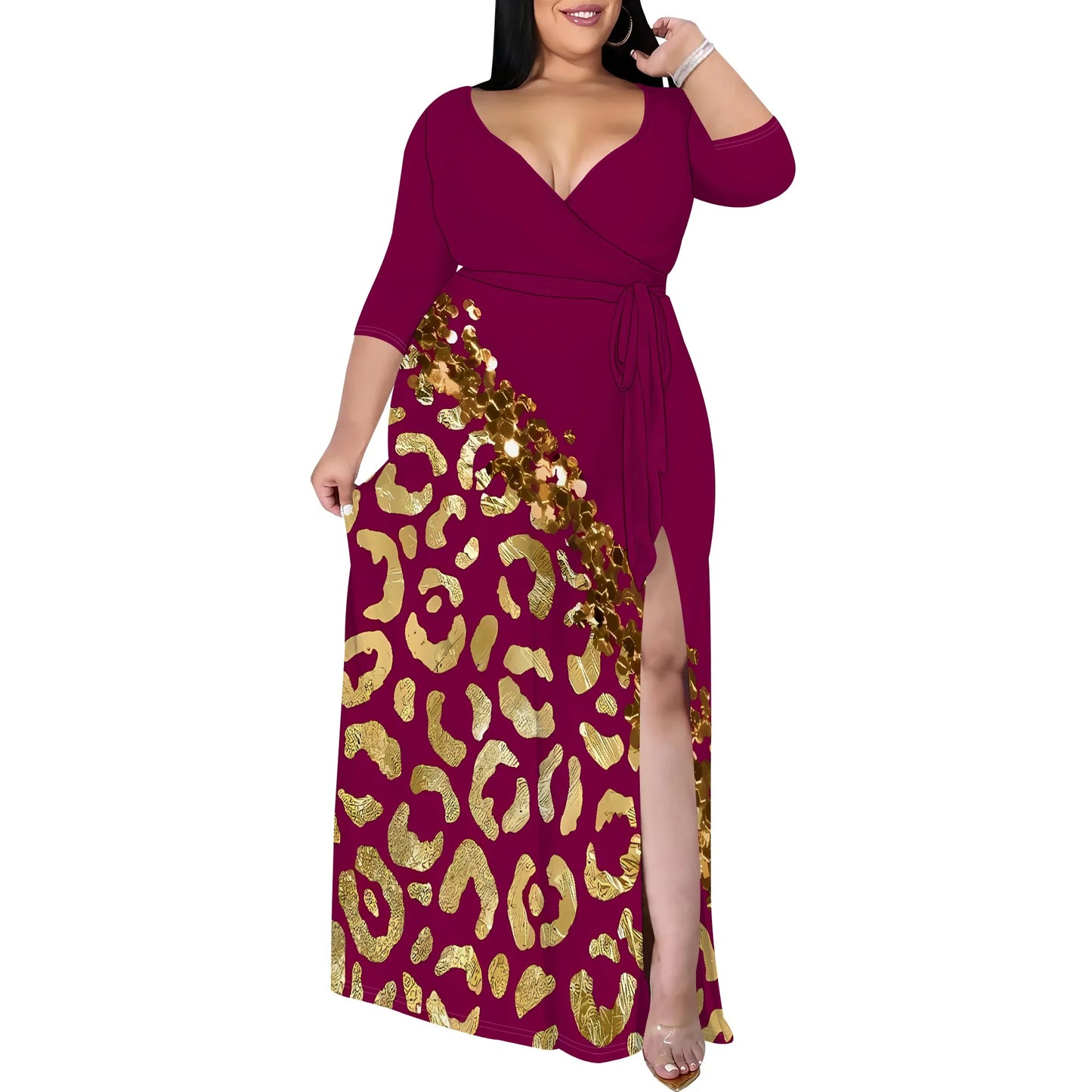 Maxy Plus Size V-Neck Wrap Dress with Gold Leopard Print Split Hem Elegant Party Dress for Women