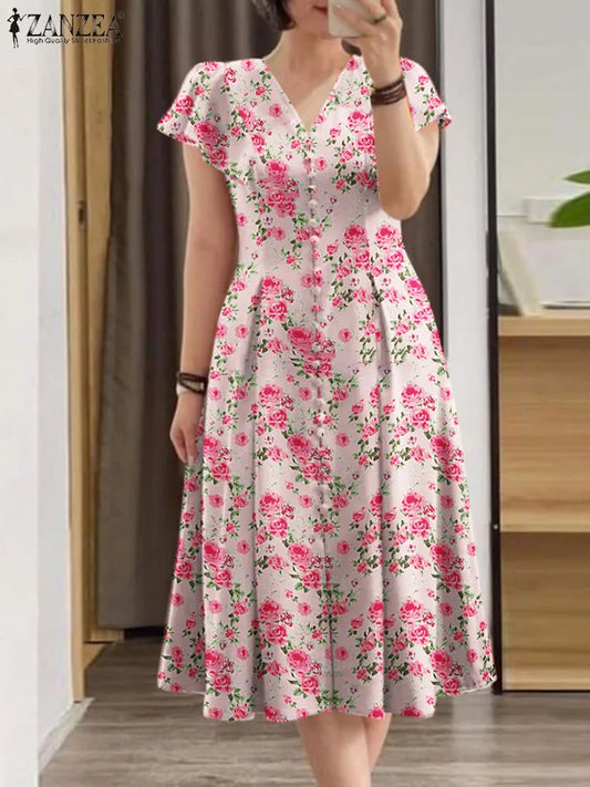 Amay Elegant Floral Dress ZANZEA Women Summer Short Sleeve Party Sundress Robe Femme Causal Holiday Vestidos Bohemain Printed Dresses